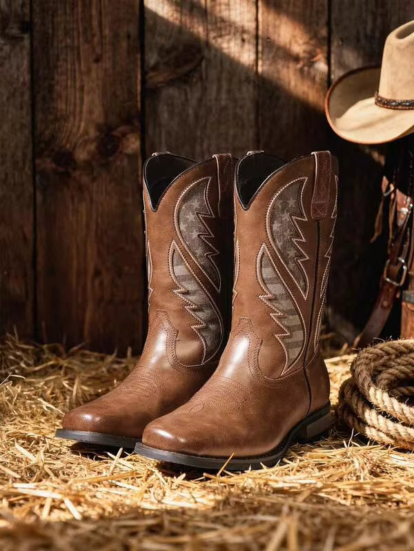 Men's Cowboy Boots Leather Western Style Rugged Comfortable Durable Short Retro Country Square Toe Boot