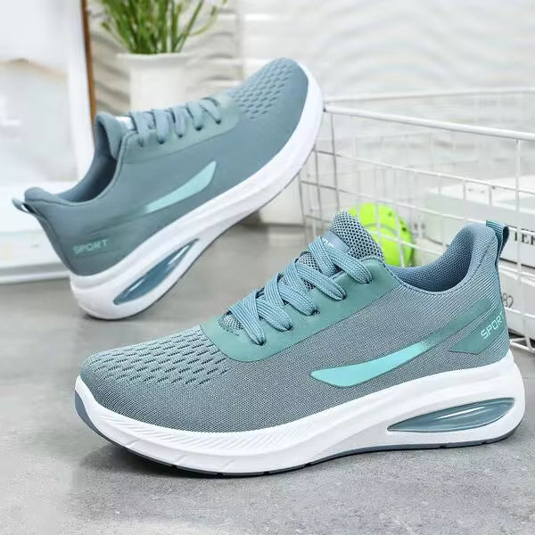 Teal Blue Fly Woven Running Shoes, Shock Absorb Air Cushion EVA Sole Casual Summer Outdoor Sneakers